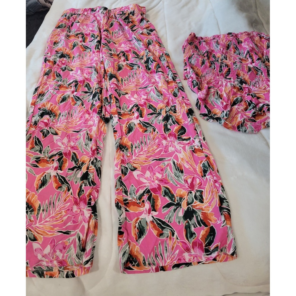 New Look Women Pink Floral 2 Piece Set Tube Top Wide Leg Pants 2XL Hawaiian